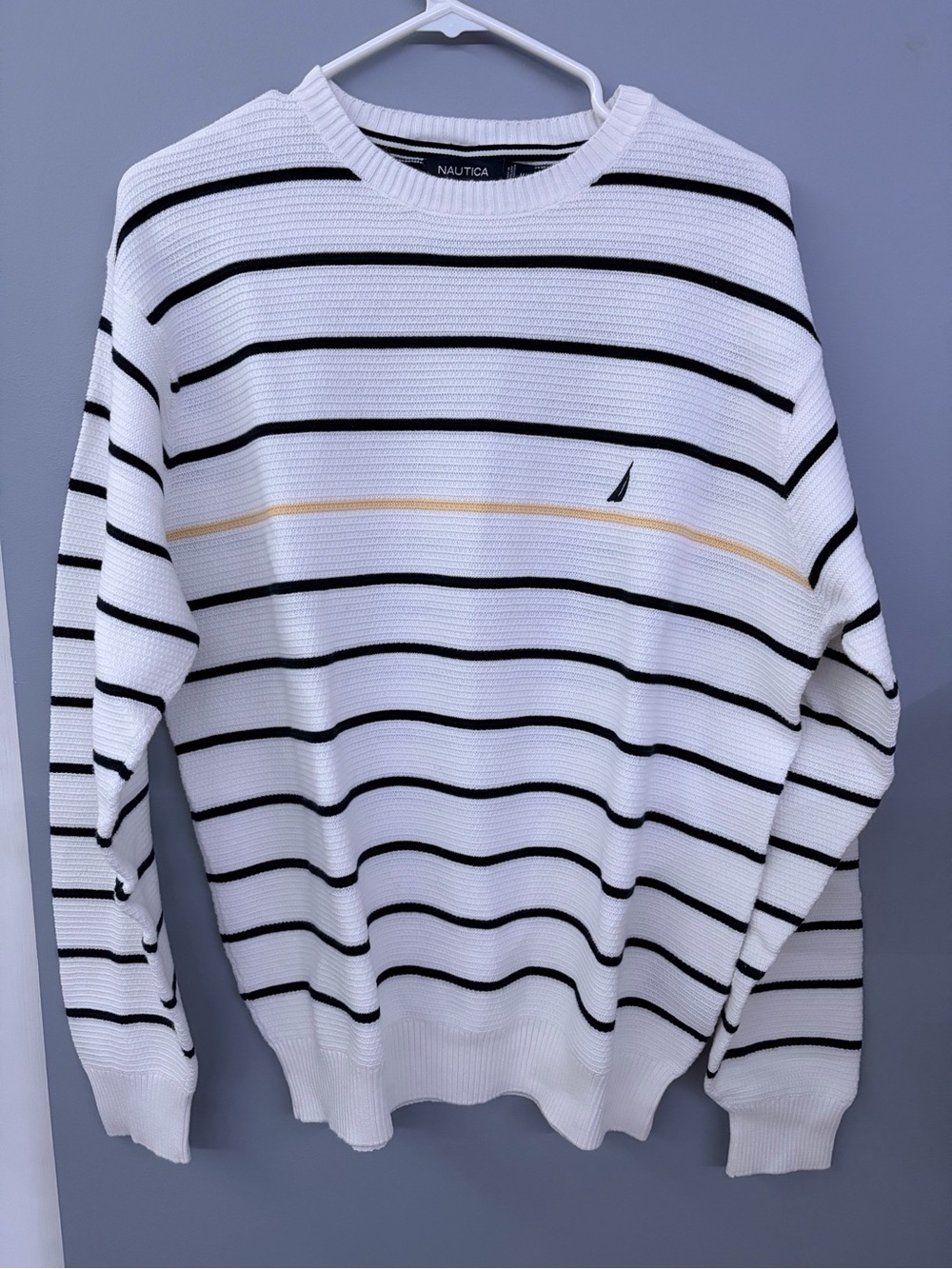 Nautica White Crewneck Sweater with Black & Yellow Stripes